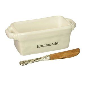 ⭐️FREE⭐️ NWOT Mud Pie Homemade White Mini Loaf Dish with Wood & Silver Spreader
